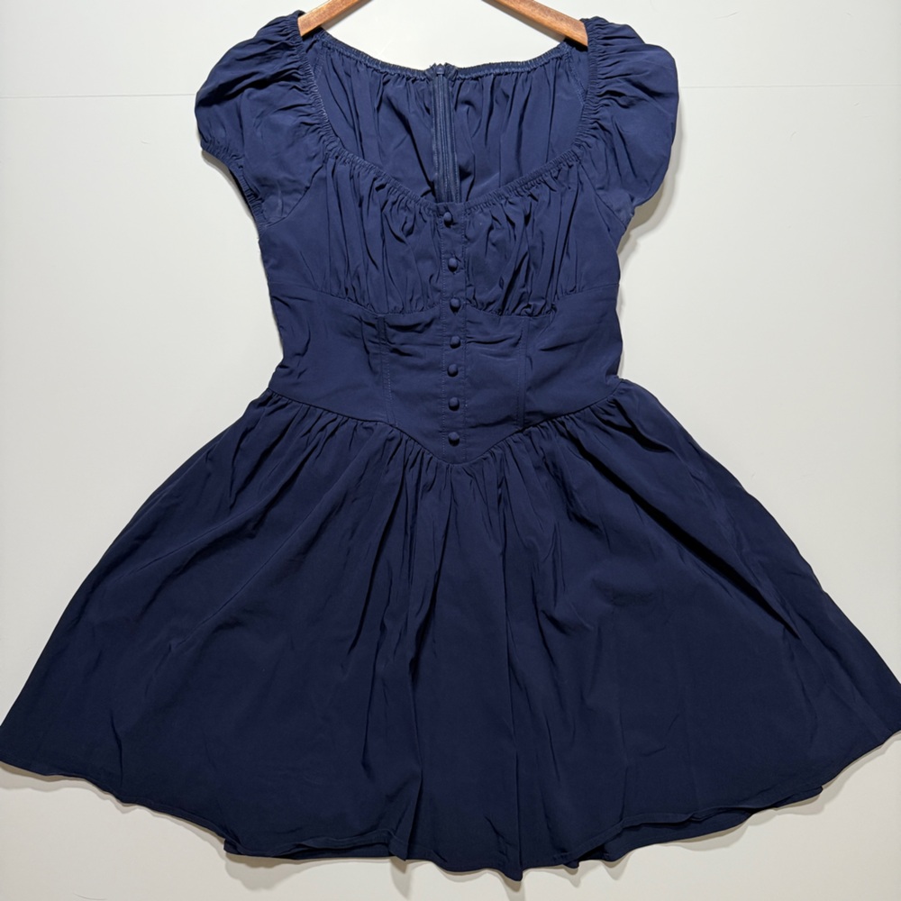 Navy Blue Women's Faux Corset Style Square Neck Dress, Size M